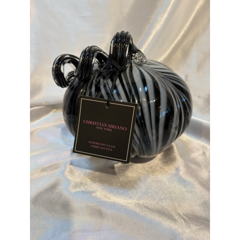 Hand Blown Art Glass Black & White  Pumpkin Christian Siriano Original tag